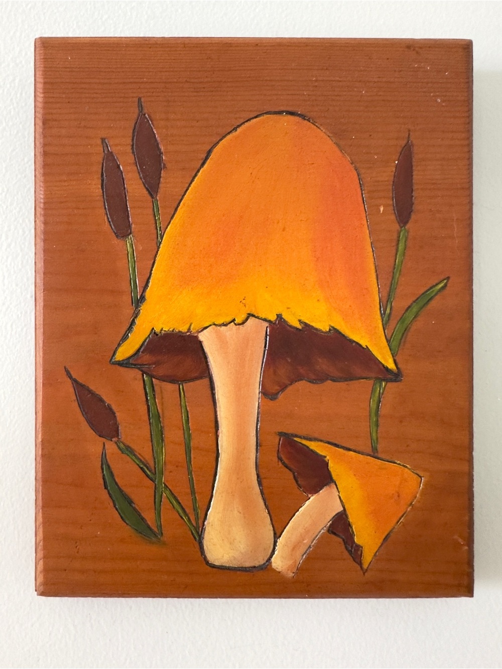 Vintage 1970's Hand Painted Mushrooms On Wood Wall Hanging Picture Retro Art MCM